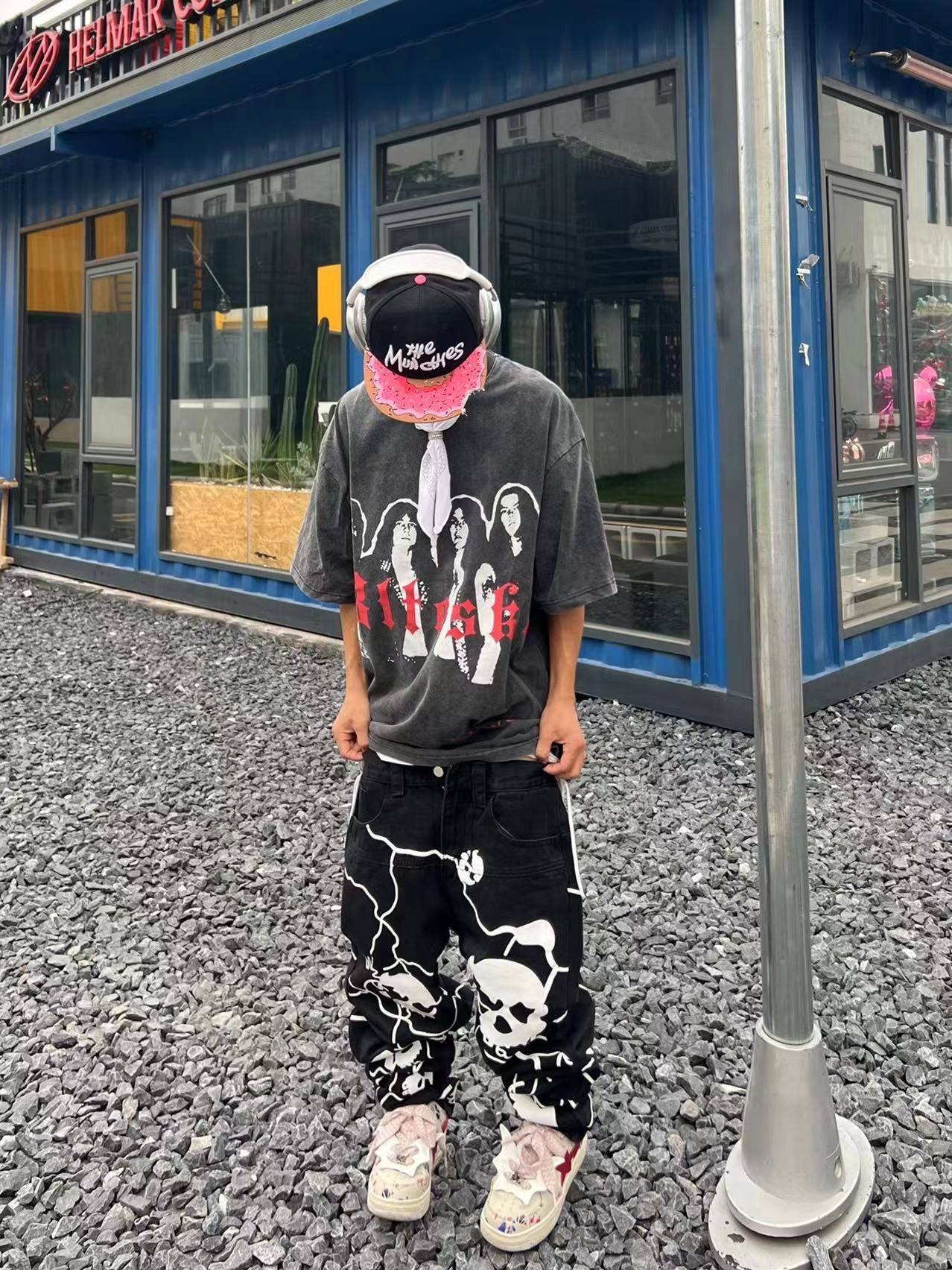 Hip Hop Full Printed Skull Jeans Dark High Street Design Sense Straight-leg Trousers
