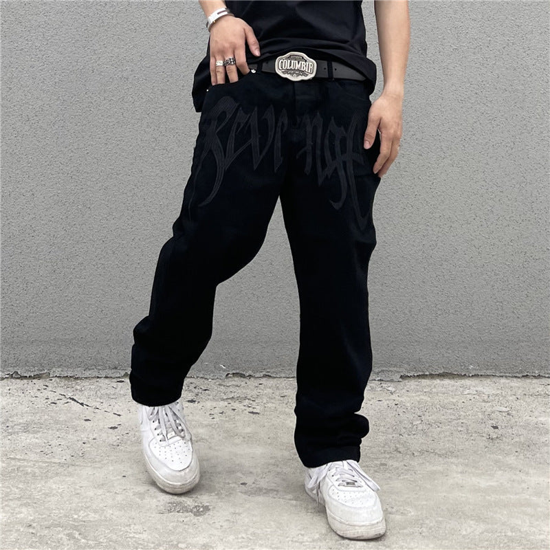 High Street American Retro Embroidered Letter High Waist Straight Hip Hop Loose Jeans
