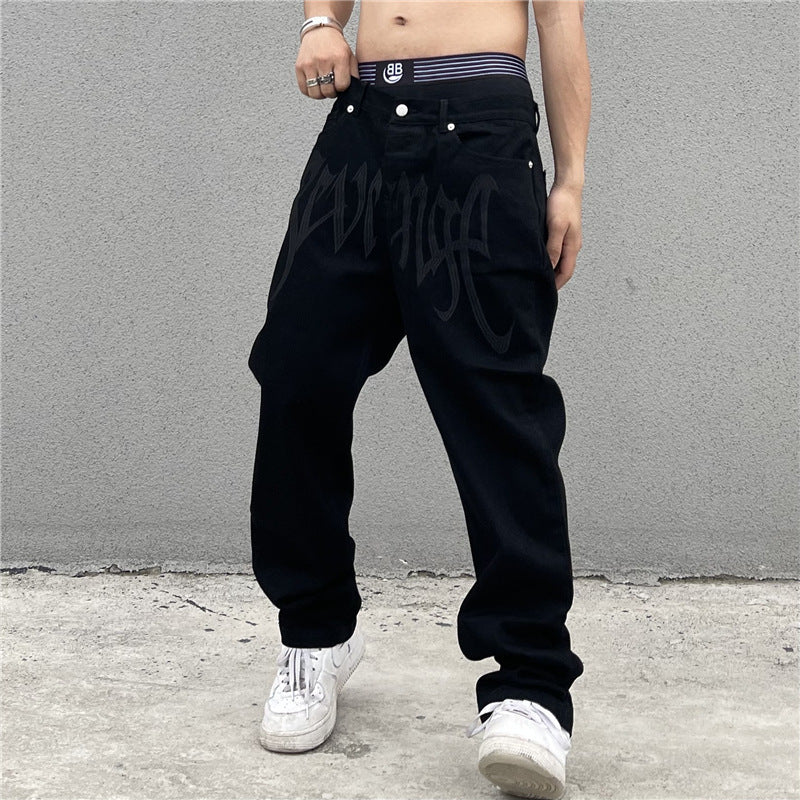 High Street American Retro Embroidered Letter High Waist Straight Hip Hop Loose Jeans
