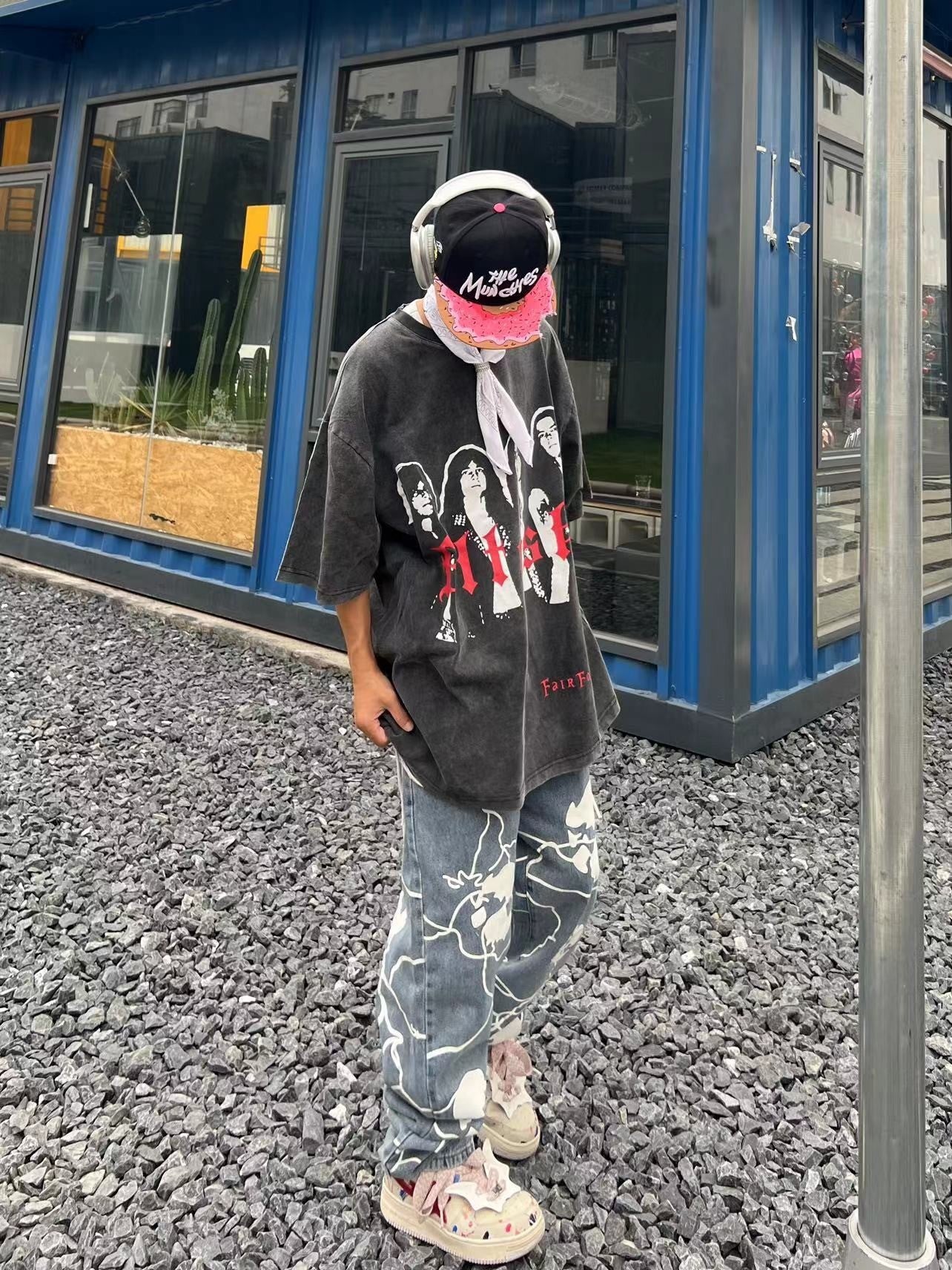 Hip Hop Full Printed Skull Jeans Dark High Street Design Sense Straight-leg Trousers