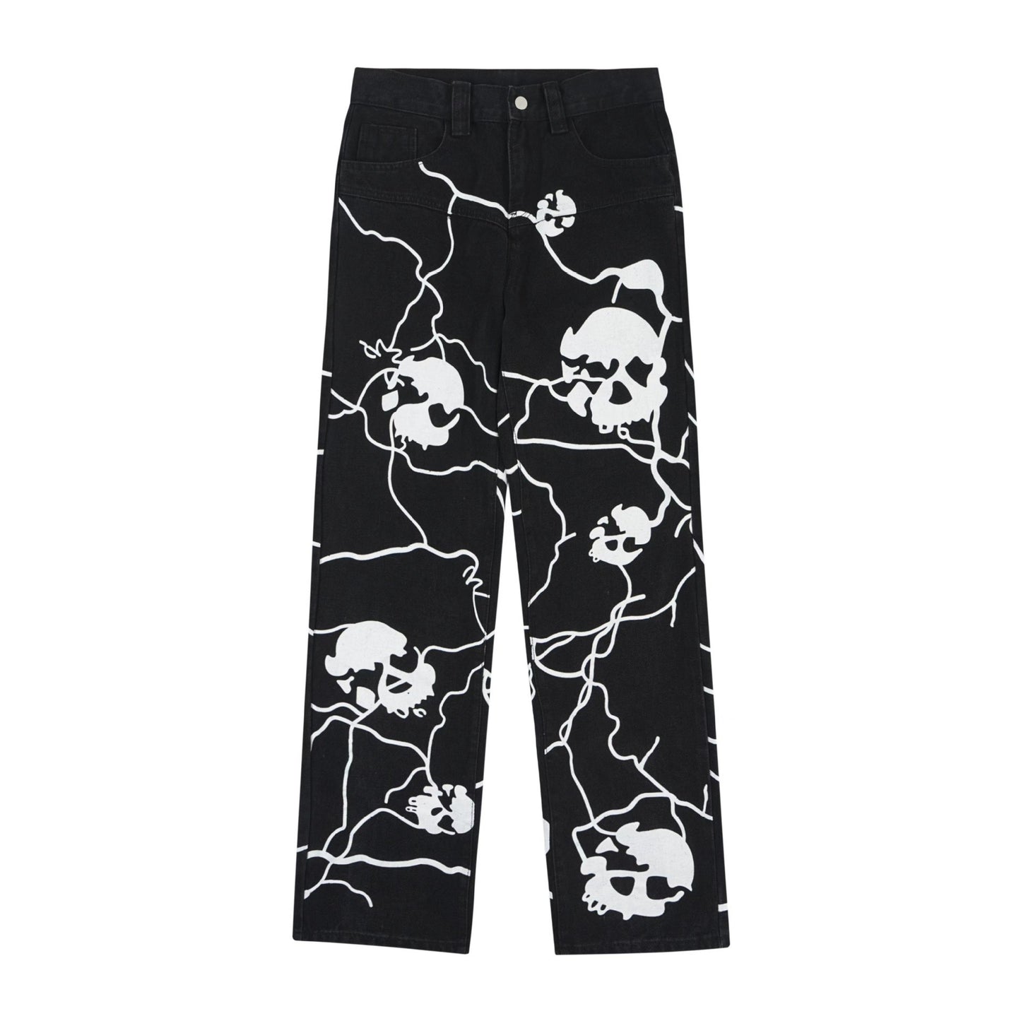 Hip Hop Full Printed Skull Jeans Dark High Street Design Sense Straight-leg Trousers