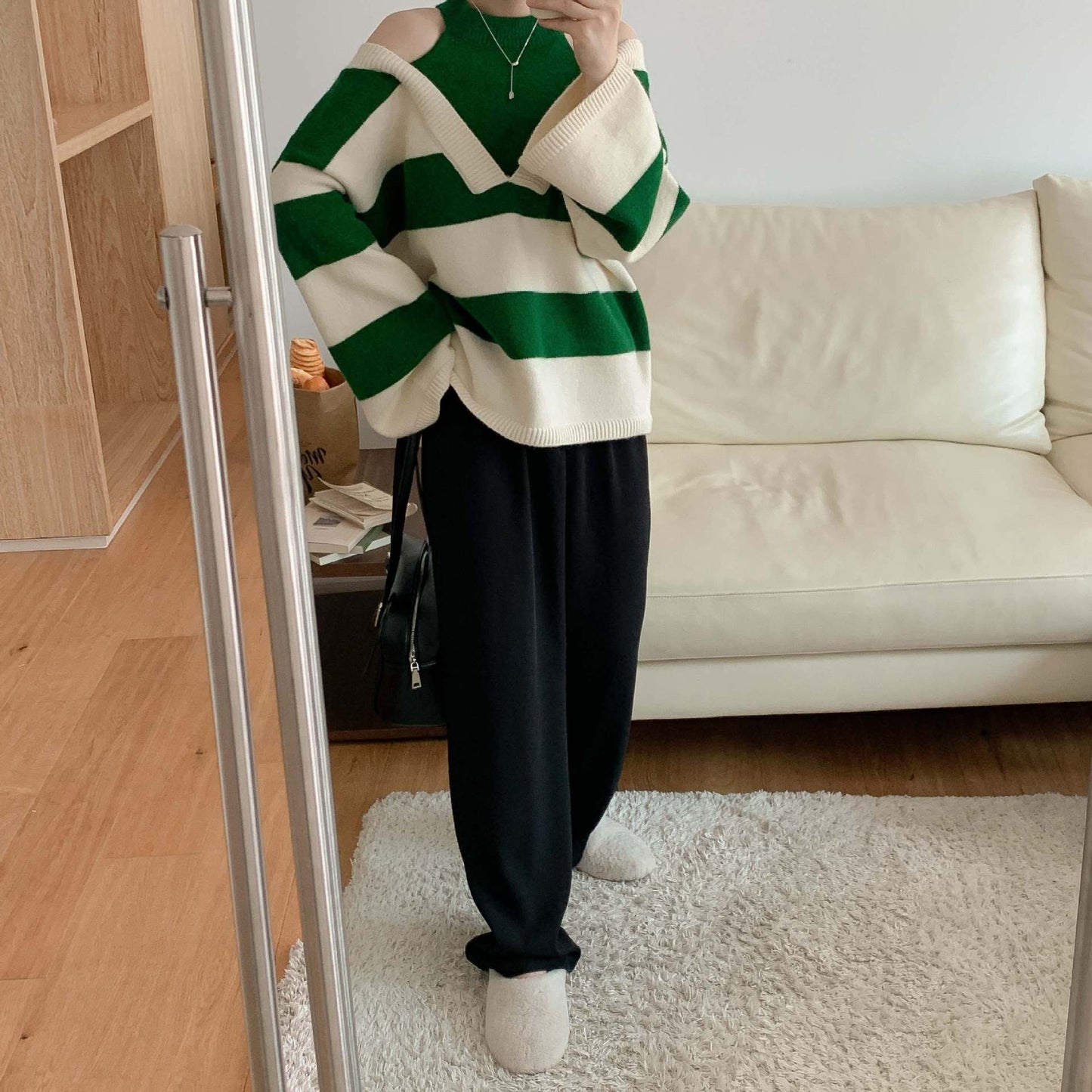 Korean Style False Two-piece Halter Off-the-shoulder Loose Striped Sweater