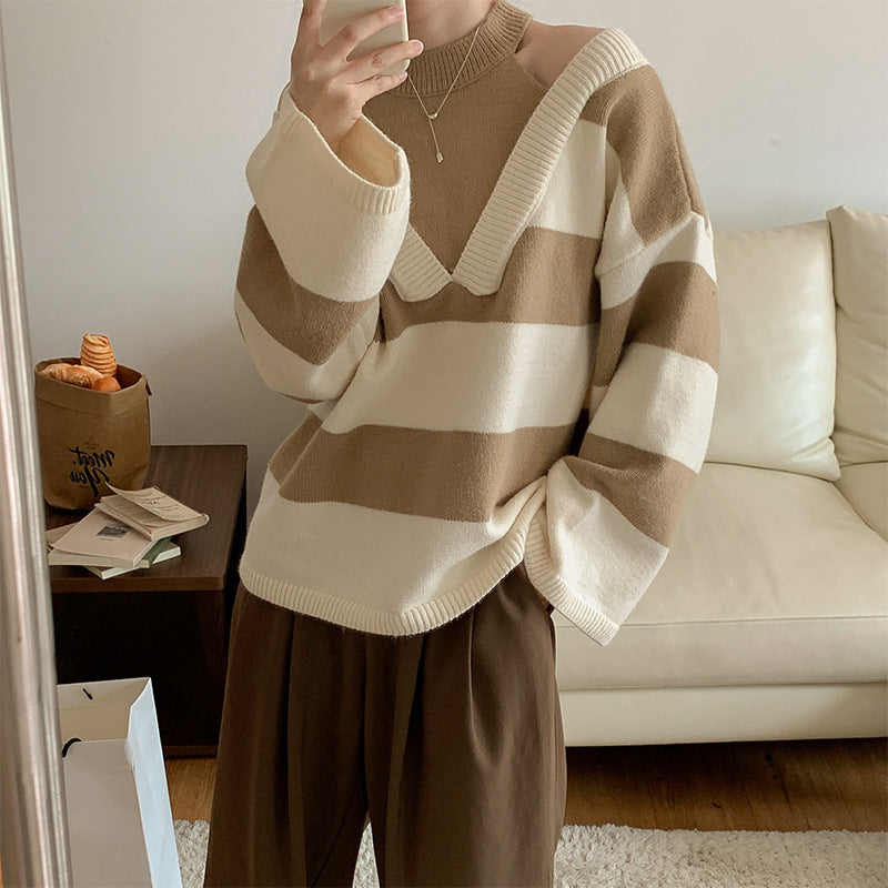 Korean Style False Two-piece Halter Off-the-shoulder Loose Striped Sweater