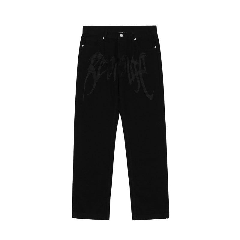 High Street American Retro Embroidered Letter High Waist Straight Hip Hop Loose Jeans