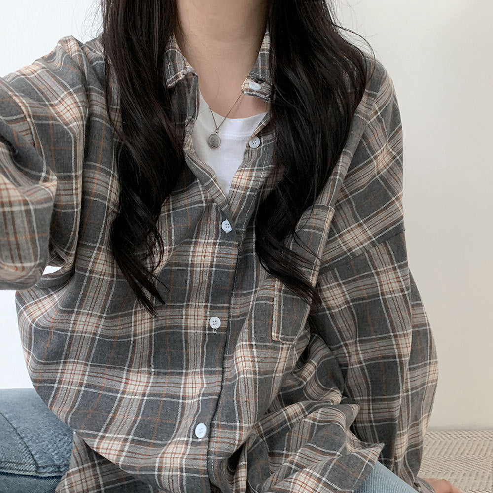 All-match Commute Lapel Plaid Shirt Loose Checked Shirt