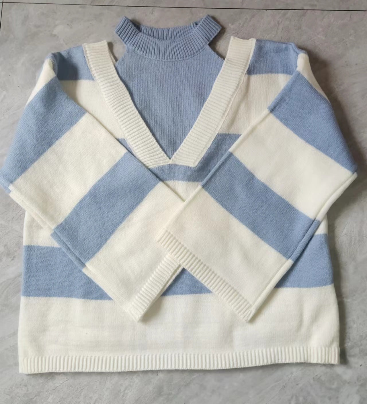 Korean Style False Two-piece Halter Off-the-shoulder Loose Striped Sweater