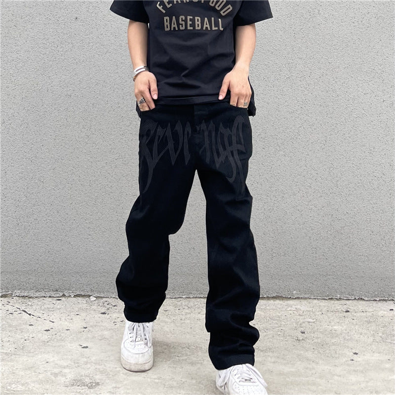High Street American Retro Embroidered Letter High Waist Straight Hip Hop Loose Jeans