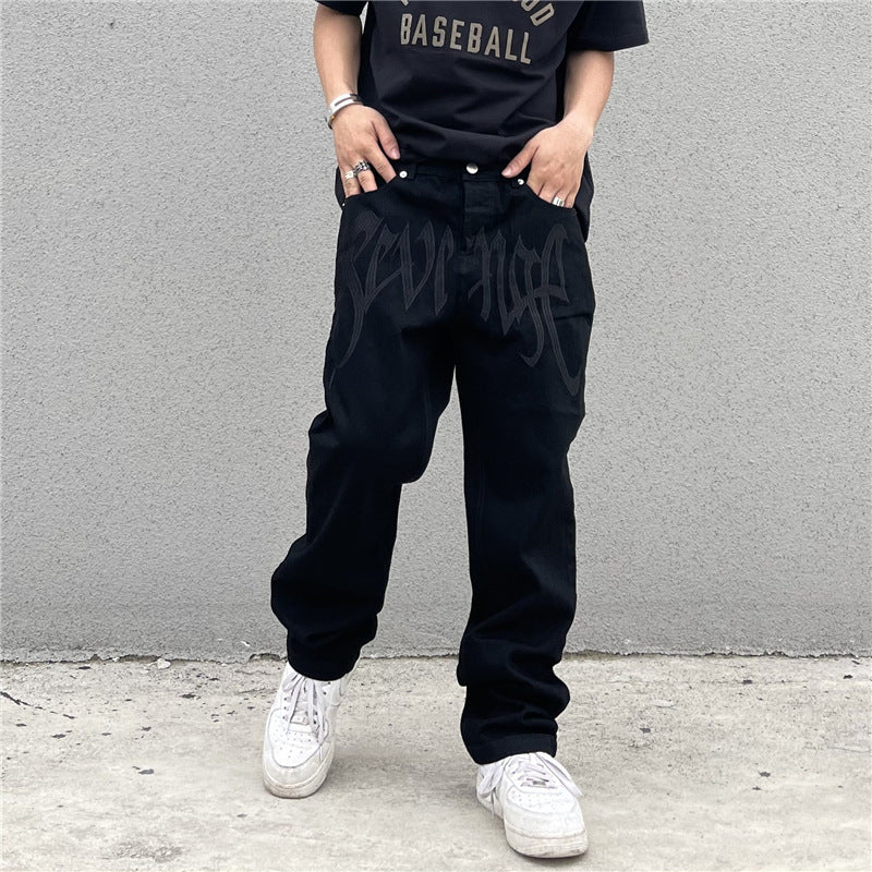 High Street American Retro Embroidered Letter High Waist Straight Hip Hop Loose Jeans