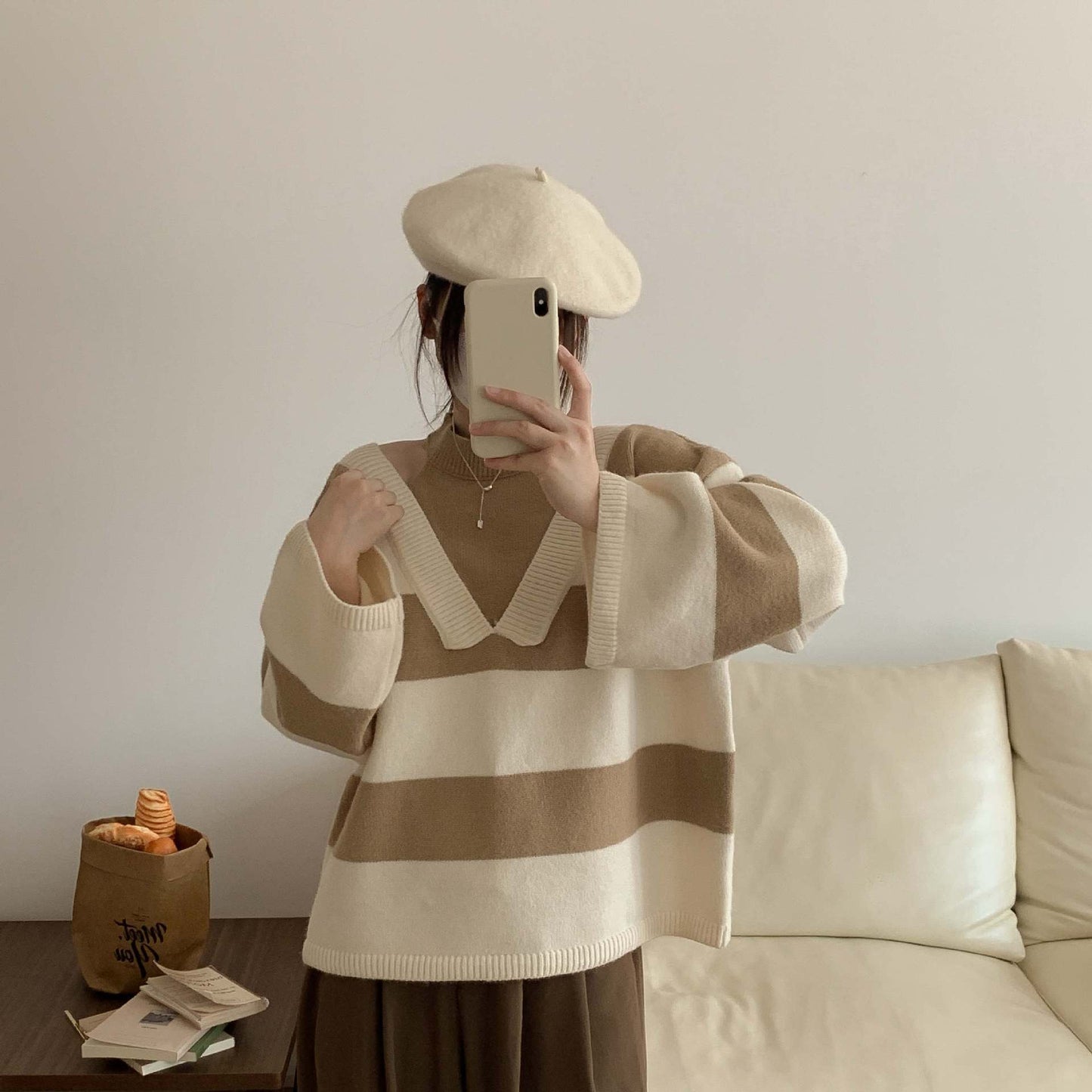 Korean Style False Two-piece Halter Off-the-shoulder Loose Striped Sweater