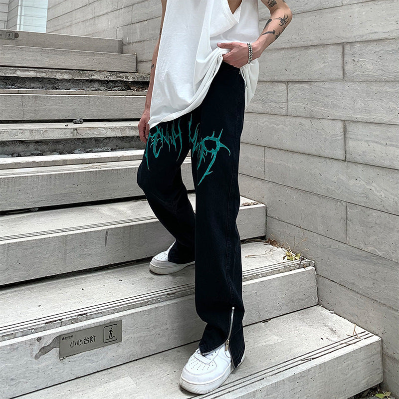 Embroidered Jeans Loose Straight Zipper American Street Hip-hop Washed Casual