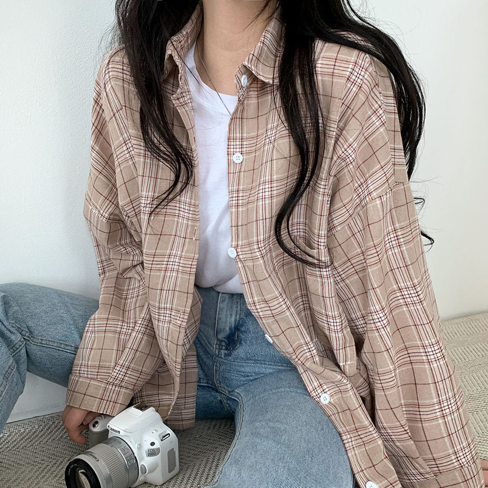 All-match Commute Lapel Plaid Shirt Loose Checked Shirt