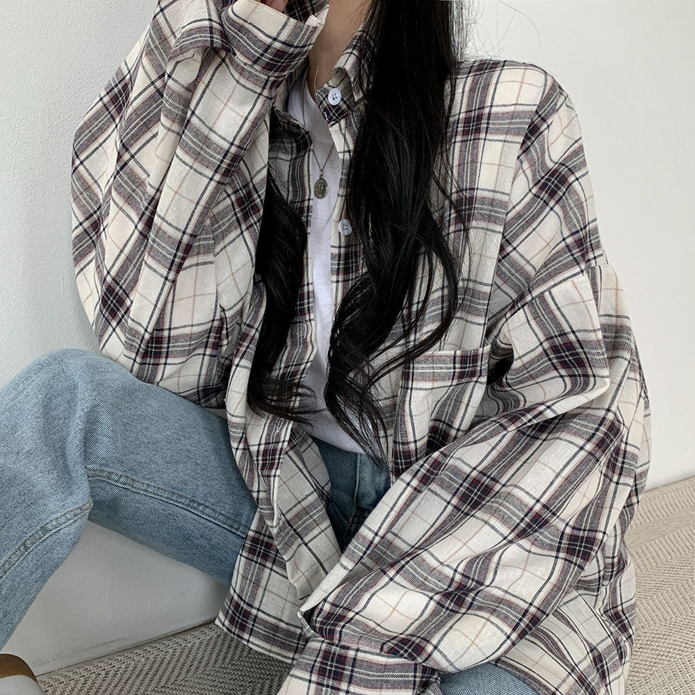 All-match Commute Lapel Plaid Shirt Loose Checked Shirt