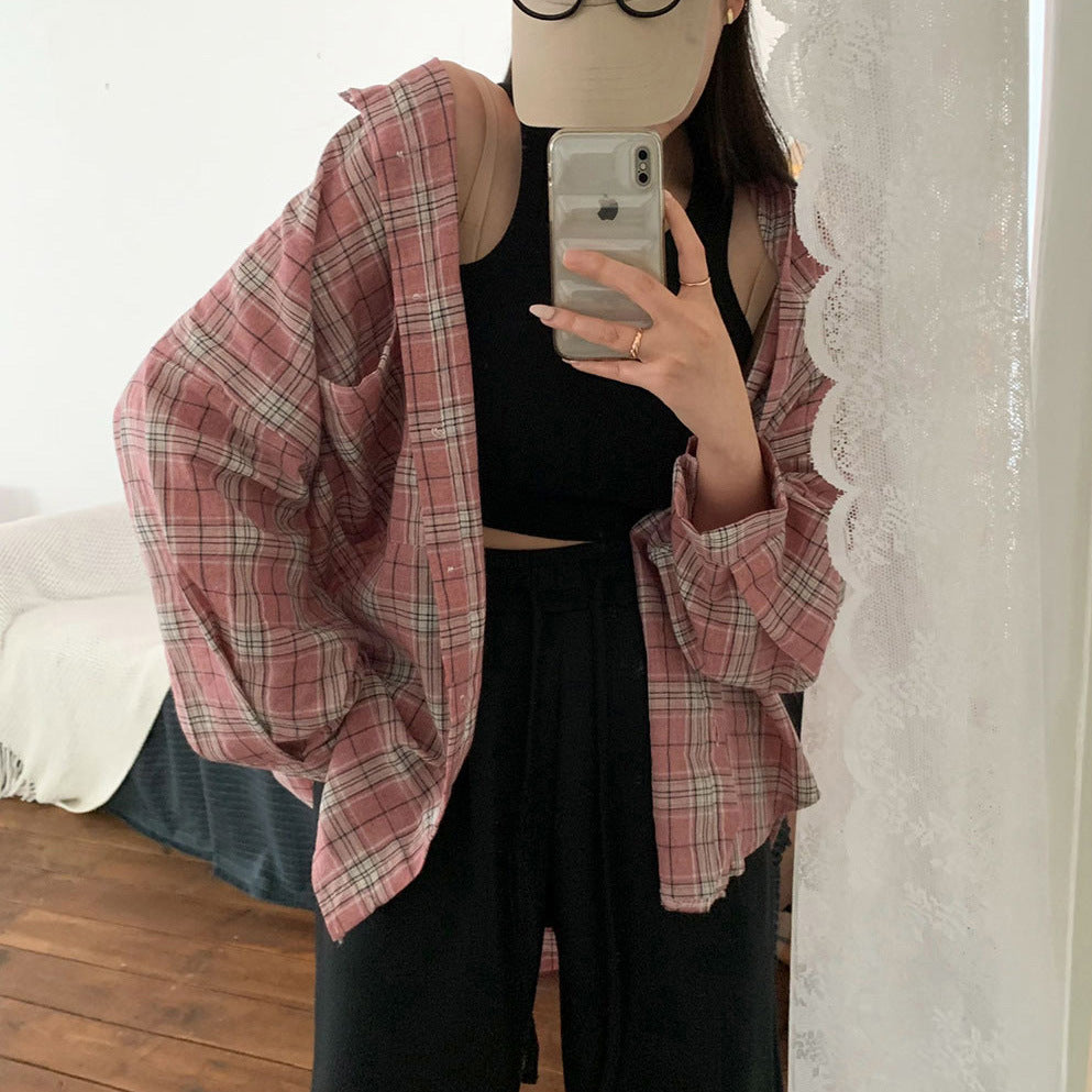 All-match Commute Lapel Plaid Shirt Loose Checked Shirt
