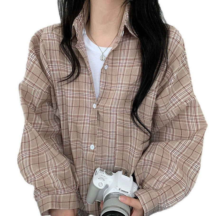 All-match Commute Lapel Plaid Shirt Loose Checked Shirt