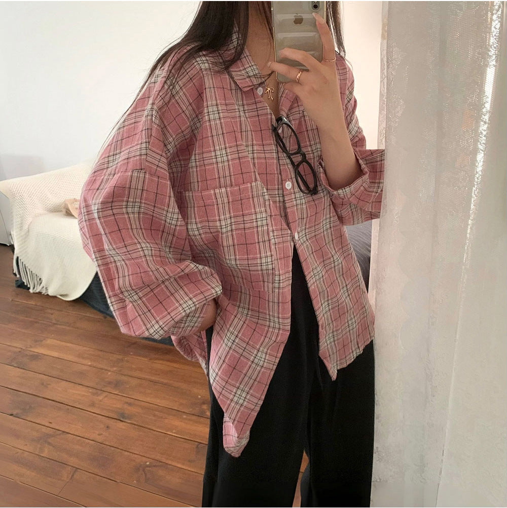 All-match Commute Lapel Plaid Shirt Loose Checked Shirt