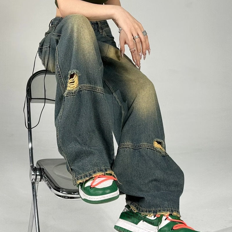 Women's American-style High Street Hip Hop Wide Hole Yellow Mud Dyed Contrast Color Jeans