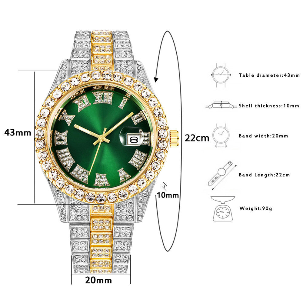 Men's Hip Hop Business Steel Band Calendar Full Drill Watch