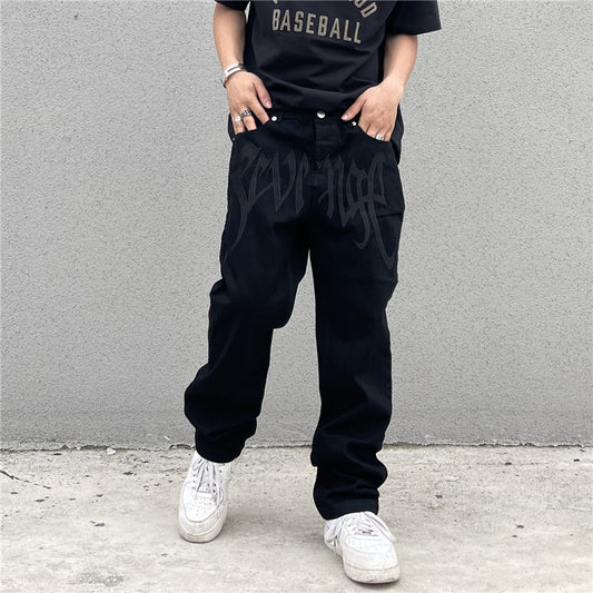 High Street American Retro Embroidered Letter High Waist Straight Hip Hop Loose Jeans